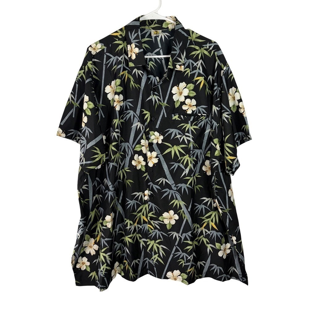 Barefoot‎ Attitude Mens 2X Hawaiian Shirt Black Hibiscus Bamboo Terivoile Shirt